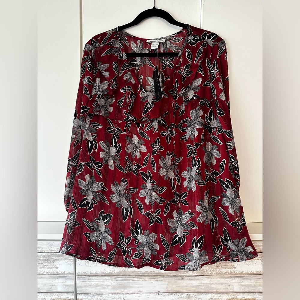 🌺 Sabrina Lauren Wine Floral Peasant Blouse NWT Size Large 🌺